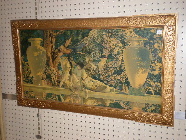 Maxfield Parrish print. Three female figures in ga: Maxfield Parrish print. Three female figures in garden with large garden vases, frame showing 14.5" x 29.5".