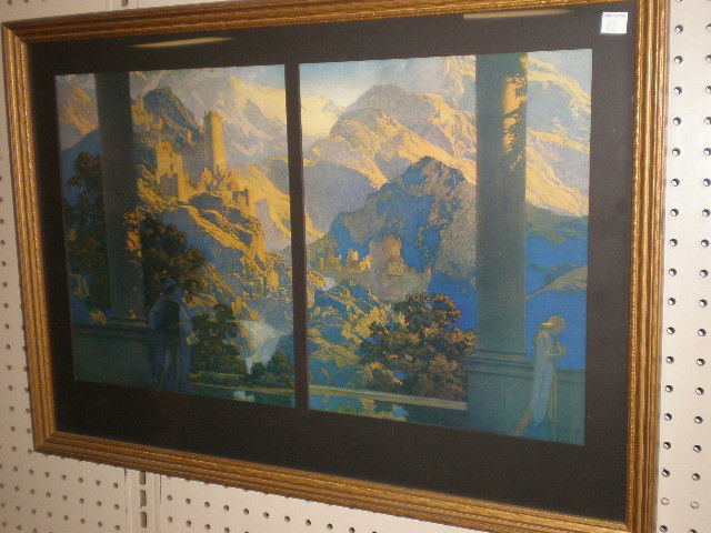 Maxfield Parrish print. Mountain scene with castle,: Maxfield Parrish print. Mountain scene with castle, two window matting, showing 13" x 22.75".