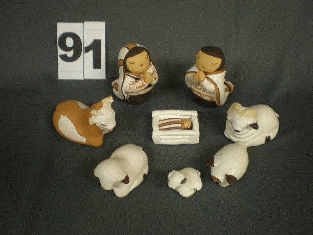 American Indian Stella Teller Isleta, NM pottery na: American Indian Stella Teller Isleta, NM pottery nativity set. 8 pc set, Mary, Joseph, Baby, 5 animals, polychrome.