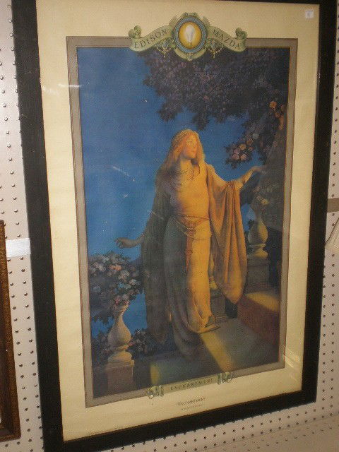 Maxfield Parrish "Enchantment" advertising poster.: Maxfield Parrish "Enchantment" advertising poster. For Edison Mazda, frame showing 35.5" x 23.5".