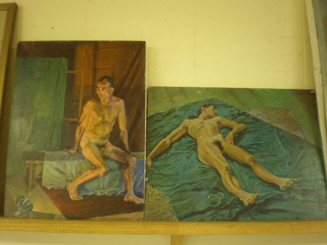 Lot of Two Gabellini Art: 24 1/2" x 18" unframed nude seated male and 19" x 24" unframed nude reclining male, both signed Gabellini.