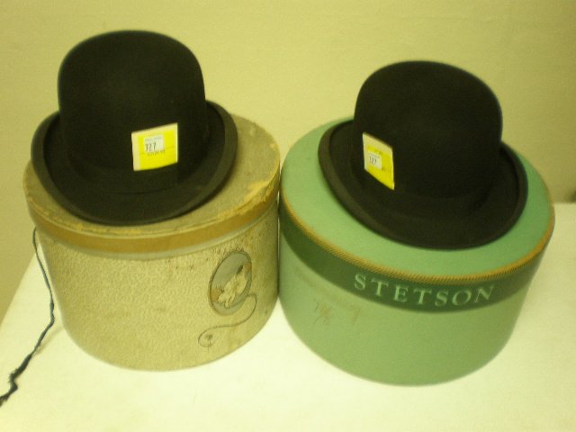 Lot of Two Bowlers: Two early gentlemen's hats, Allentown, Pa., 8th Street, S. B. Anewalt's with hat boxes.