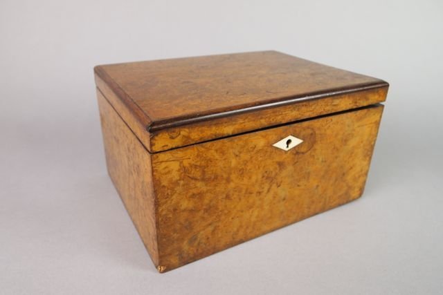 Cigar Humidor: Burled maple 5" tall x 9" wide x 7 1/8" deep burled maple humidor with ivory escutcheon.
