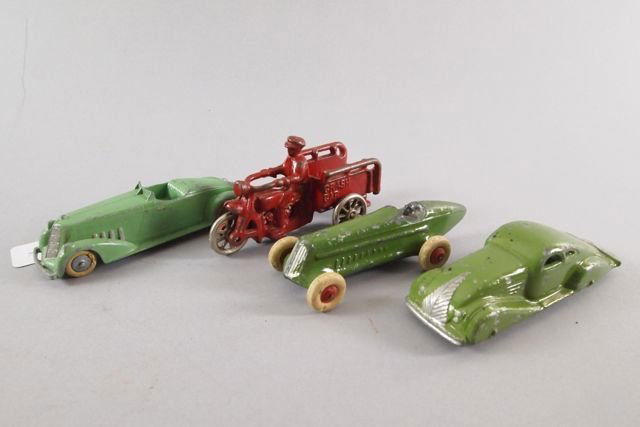 Four Metal Toy Cars: Four metal cars including motorcycle crash car, racing car and Tootsie convertible.