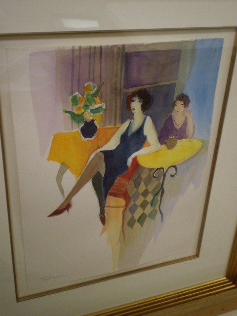 Tarkay Watercolor: 16" x 12" watercolor, pencil signed lower left, Tarkay. Two women seated at cafe table. Being sold with hard-cover book featuring works by Tarkay.