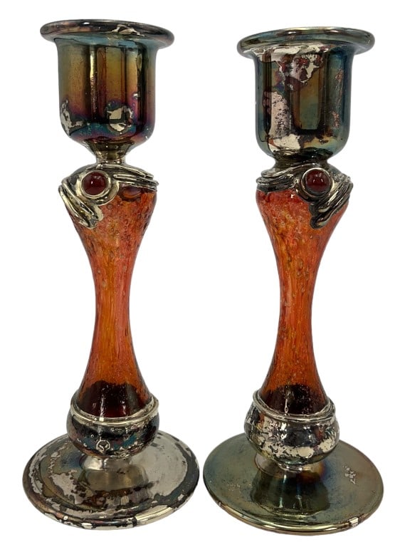 David Barak Israeli 925 Art Glass Candle Holders: Signed David Barak 925 and Art glass candle holders. Carnelian like stone cabochon accent. Each are 6.25 inches tall. Both have tarnish patina areas giving a really eye catching appearance.
