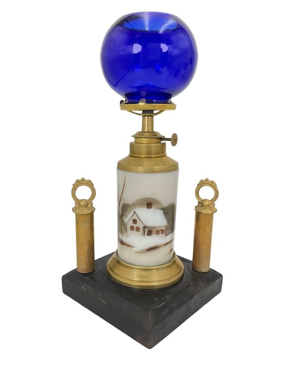 Superb Victorian Cigar Lighter Whale Oil Lamp: Victorian style table top oil lamp and cigar lighter. These were frequently used to burn whale oil in earlier years. This particular lamp has a hand painted glass well, a blue bulbous glass shade with