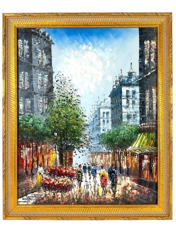 Texture Impasto Impressionist Oil On Canvas: Heavy texture impasto and colorful oil on canvas of a Victorian era city street. No signature found. Measures 19 x 25 inches Framed. Possibly an attributed painting to the works of Burnett.