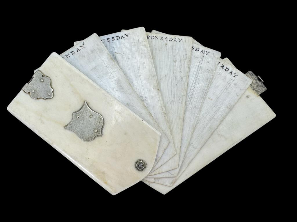 Civil War Officers Day Planner Vest Book: Usually made of a hard natural material. Has silver toned embellishing and lock flip close. Fans for each day of the week except Sunday. Friday is missing in this example, but still fans intact. Has a