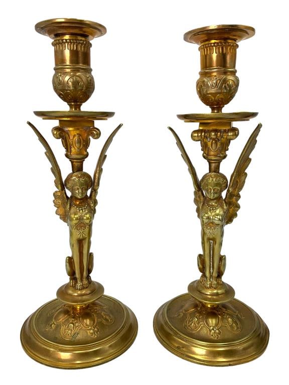 Signed Egyptian Revival Brass Candle Holders (1 of 12)