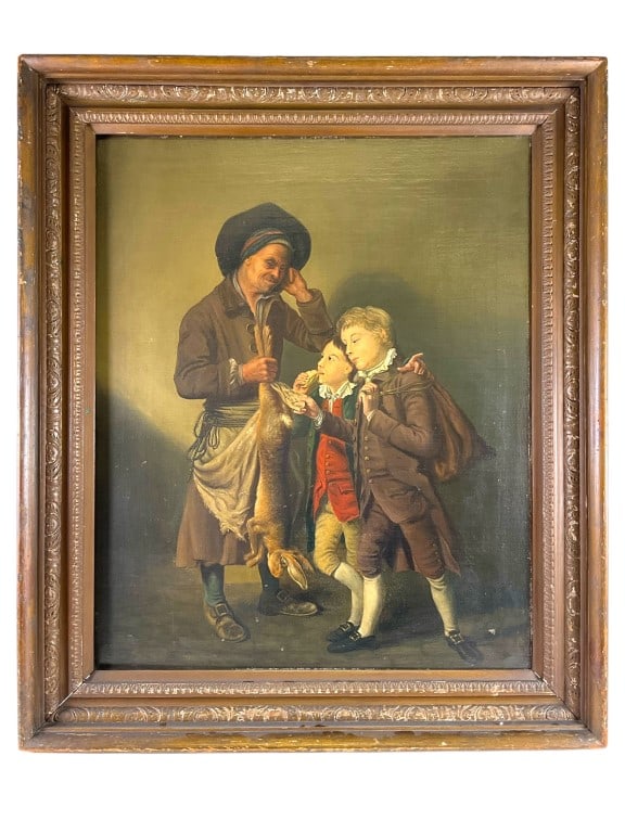 Gorgeous Large Antique Oil On Canvas: Depicts a gentlemen presenting a hare to two young lads. No signature found. Canvas is loose from frame. Has some craquelure and a small partial puncture as shown. Canvas is 25 x 30 inches. Frame has 