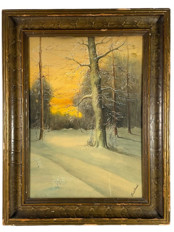 Early Signed Watercolor Painting: Original signed landscape watercolor on a glassed frame. Signed but illegible. Appears as Paul Vebleh?, Verlach? Unfounded. Measures 20 x 25 inches in frame. Frame has wear.