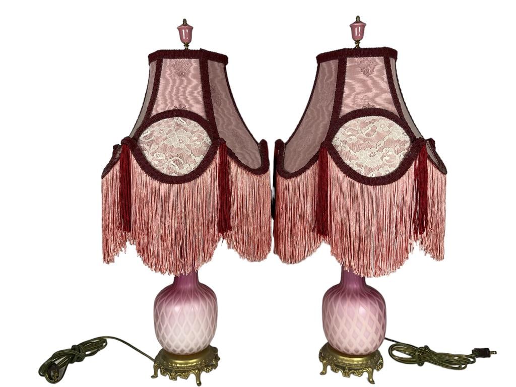 Pair Quilted Pink Satin Glass Lamps (1 of 12)
