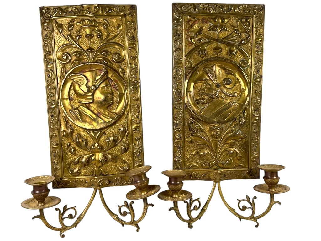 Pair Hammered Brass Relief Wall Sconces (1 of 12)