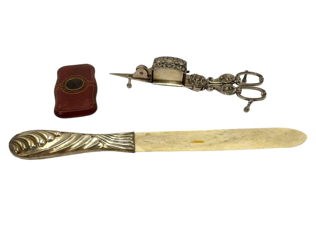 Victorian Ladies Set, Page Turner, Snuffer: Gorgeous W & R plated candle snuffer. Ornate design.marked with a crown mark and W&R. Had three hallmark style marks as well. 7.75 inches in length. Hollow presumed sterling handled page turner with c