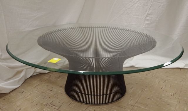 Knoll Coffee Table: Knoll-Warren Platner Bronze and glass top coffee table; 2 flakes on glass top rim. Metal base is good.