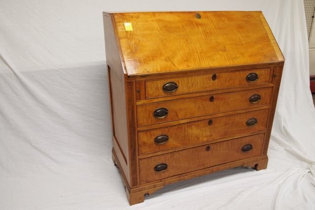 Tiger Maple desk: Early 4 drawer Tiger Maple drop front desk, 42" TALL X 20 deep x 40" long, with bracket feet, fitted interior