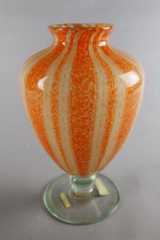 Art Glass Vase: Colorless glass blown vase with orange and yellow striped body, frosted interior, estate attribution "Chintz" by A. Douglas Nash. 9.25" H. No chips or cracks -- typical wear on base due to age.