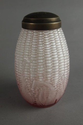 Glass Sugar Shaker: Pale pink and white cased glass body sugar shaker, maze pattern, metal lid, 5.75" H.