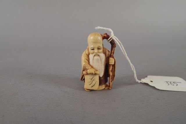 Carved Ivory Netsuke: 2" Carved Ivory Netsuke Wiseman. Artist signed