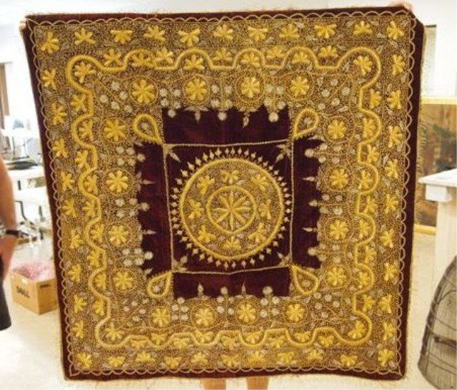Ornate velvet table cover: 48" x 48" heavily gold wire thread embroidered, fringed edge