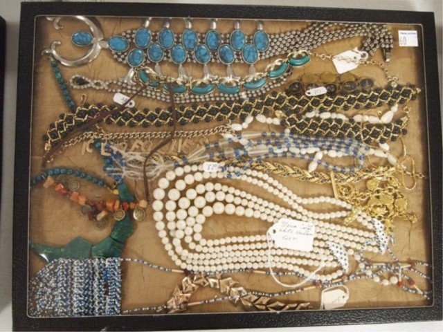 Costume Jewelry Lot: Approx. 20 vintage items, incl necklaces and bracelets, beaded pouch, etc.