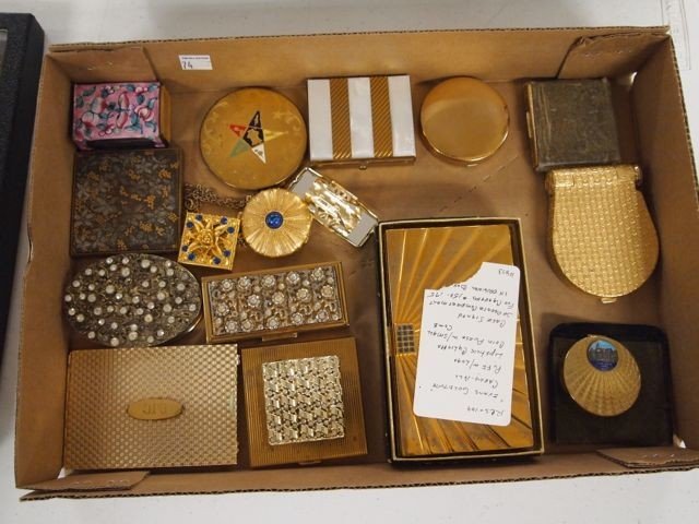 Costume Jewelry Lot: Approx 15 vintage items, incl compacts, match safes, jeweled Masonic, Dorset.