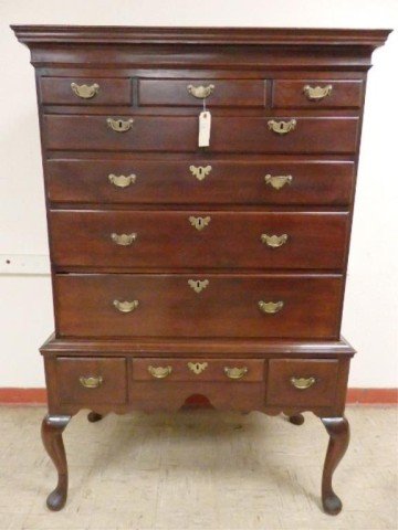 Period High boy chest: 63" tall x 38" wide x 21" deep Pennsylvania Walnt highboy, chest on frame (signs of Quaker locks on 3 drawers-brass appears original, small piece of 1 drawer edge missing