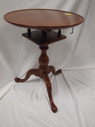 Early Tilt Top Table: 21.5" dish top, Queen Anne legs, collar at top of the base needs repair.