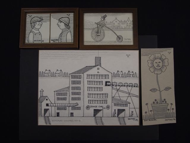 Savitsky Pencil Pen & Ink Grouping: 9" x 12" titled "Lansford Collery - No-6,", dated 1983, 8.5" x 4" drawing on reverse of Zesta Saltines box, titled "Sunflower," 1984; 3.75" x 5.75" image of Amish bicyclist; two 3.5" x 2.75" profiles 