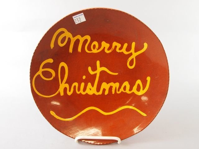 Redware Pottery Plate: 10" redware pottery plate, signed Breininger, 1989, Merry Christmas.