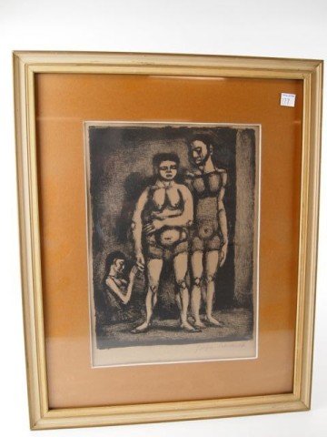 Lithograph: 13" x 9.75" image, matted and framed, "La Famille Saltimbanques," pencil signed lower right margin George Rouault.