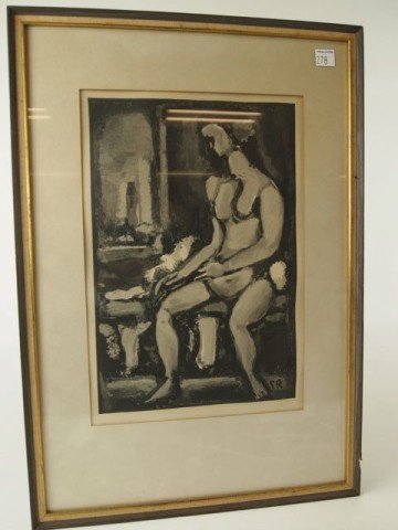 Wood Engraving: 12.25" x 8.5" wood engraving, matted and framed, seated nude, initialed GR in the plate (George Rouault) - "Cirque de L' Etoile Filant" (Circus of the Shooting Start).