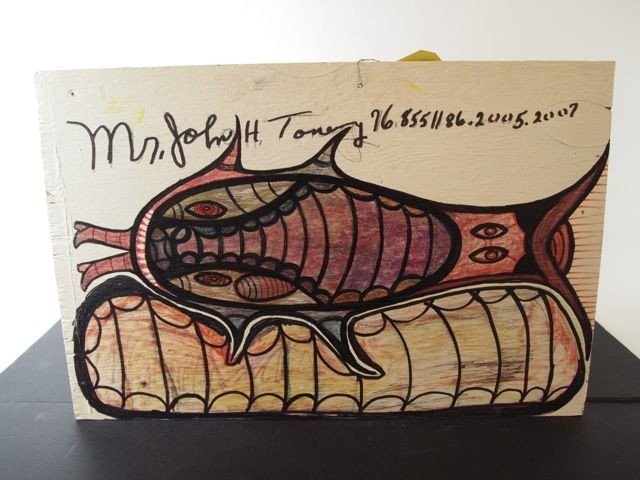 Outsider Folk Art John H. Toney: Paint on wood panel 5.75" x 24" - Whale Swallowing Jonah."