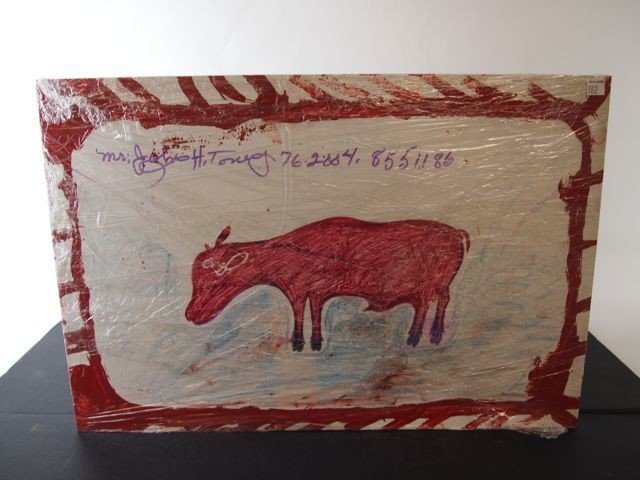 Outsider Folk Art John H. Toney: Paint on wood panel, 16" x 23.75" - "The Daddy Sheep Wondering Where the Momma Sheep Is," No. 1734.