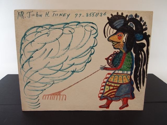 Outsider Folk Art John H. Toney: Paint on wood panel, 14" x 18" Tribal person raking during windstorm.