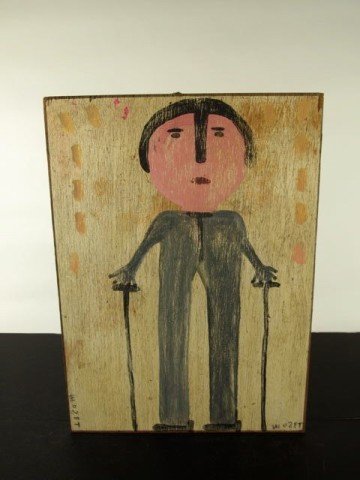Outsider Folk Art Mose T (Tolliver): Paint on wood panel, 19.75" x 14.5" - Man with Crutches, signed lower left and lower right, Mose T.
