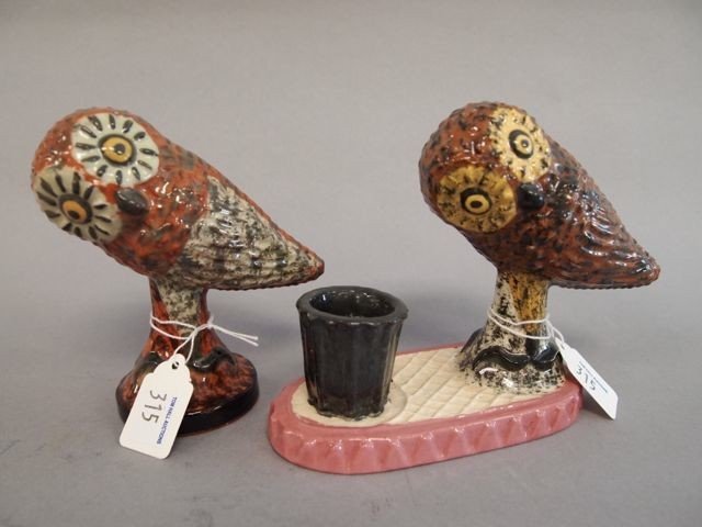 Two Redware Pottery Figures: JCS (Seagreaves) 5" owl; 5" owl candlestick.