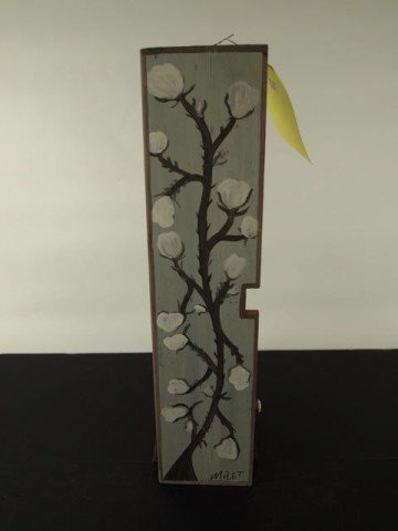 Outsider Folk Art Mose T (Tolliver): Paint on wood panel 23" x 5.5" - Tree bearing white cotton balls, signed lower right Mose T.
