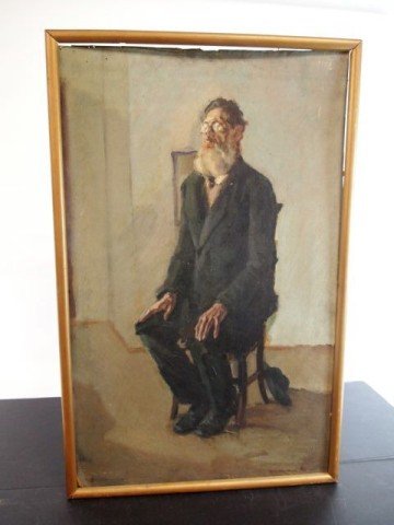 Oil on Board: 27" 16.5" oil on board of portrait of bearded man wearing spectacles, seated, artist signed lower right, P. Wertaner, 1903? minor paint loss, bent left lower corner.