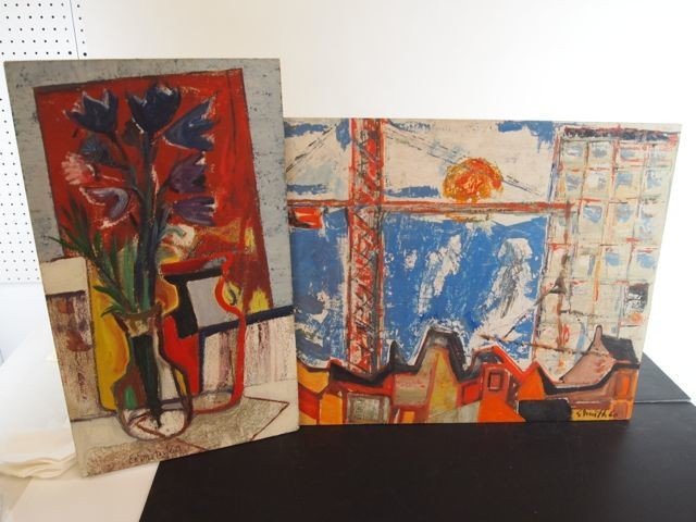 Outsider Folk Art Lot of Two: Two outsider folk art pieces, on plywood - 19" x 26" depicting a construction site in a city, bright colors, signed lower right, E. Smith '60; 22" x 13" depicting floral still life in bright colors, s