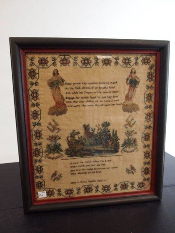Sampler: 14.5" x 12.25" sampler by Eliza L. Ewen Pebbles Age 10, scenic center with houses and trees, birds and urns and two angels on clouds, undated.