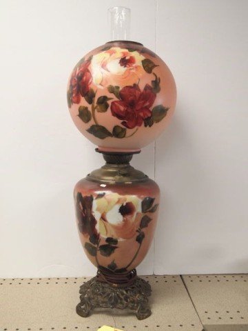 Gone With the Wind Lamp: 25" tall Gone With the Wind handpainted lamp, matching shade and base, Art Nouveau brass footed base.