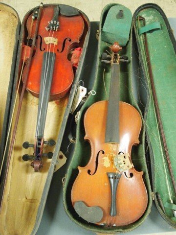 Lot of Two Violins with Cases: Two violins with cases, one violin in need of repair; other is Dorso N. Amati style violin.