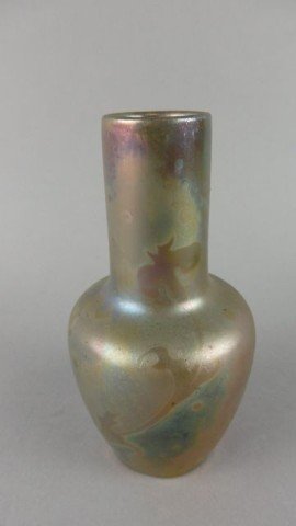 Art Glass Vase: 5.75" Tall irridescent greens and pinks metallic "reflections" Art Glass Vase signed (Clement ?) Massier and initialed A , Date 1915?