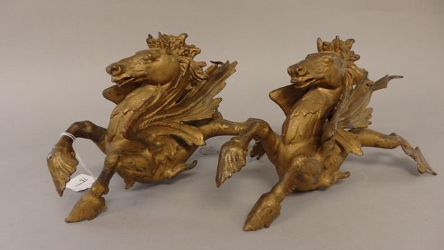 Pair of Bronze Figures: pair of 6" tall x 10" long Bronze elaborate winged horse figures, very heavy, perhaps used on furniture