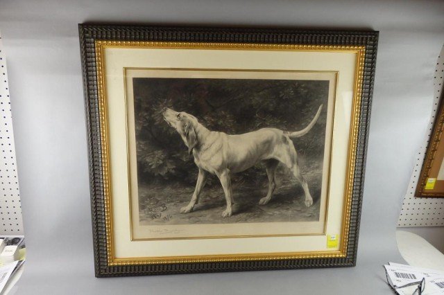 Early Etching: Image 21" x 25", overall 31 1/2" x 36", depicting sport dog, pencil signed in margin Rosa Bonheur 1884, expensively framed