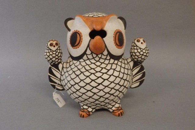 Acoma Pottery Owl: 11" Tall stylized owl with small owls on each wing. Signed H. Natnaio Acoma New Mexico (Major repair to left wing)