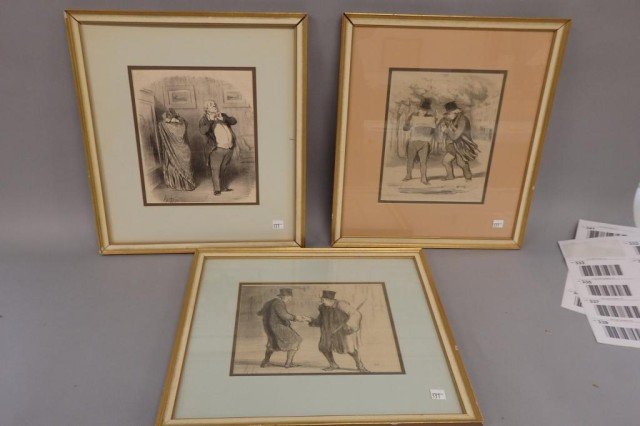 Lot of 3 early prints: 10" x 8" and 8" x 10" images. 1) 2 distinguished men shaking hands, 2) 2 distinghued men reading the newspaper 3) Man and woman getting dressed for the evening pencil signed h.b
