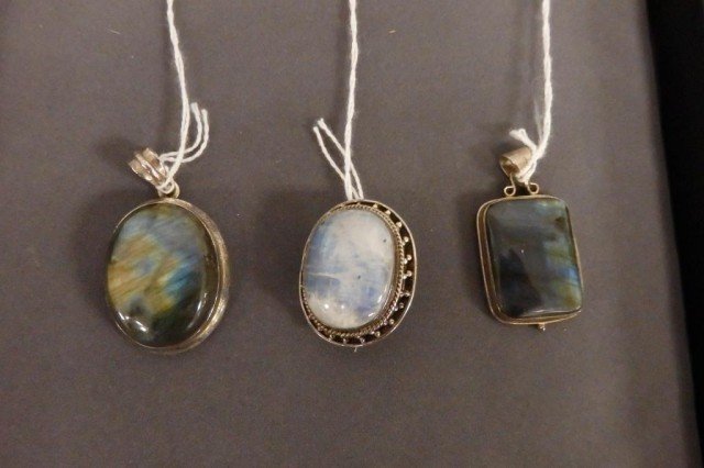 Lot of 3 Sterling Groupings: (2) Sterling Pendants,containing rectangular and circular labradorite cabochon, sterling brooch oval labradorite cabochon,